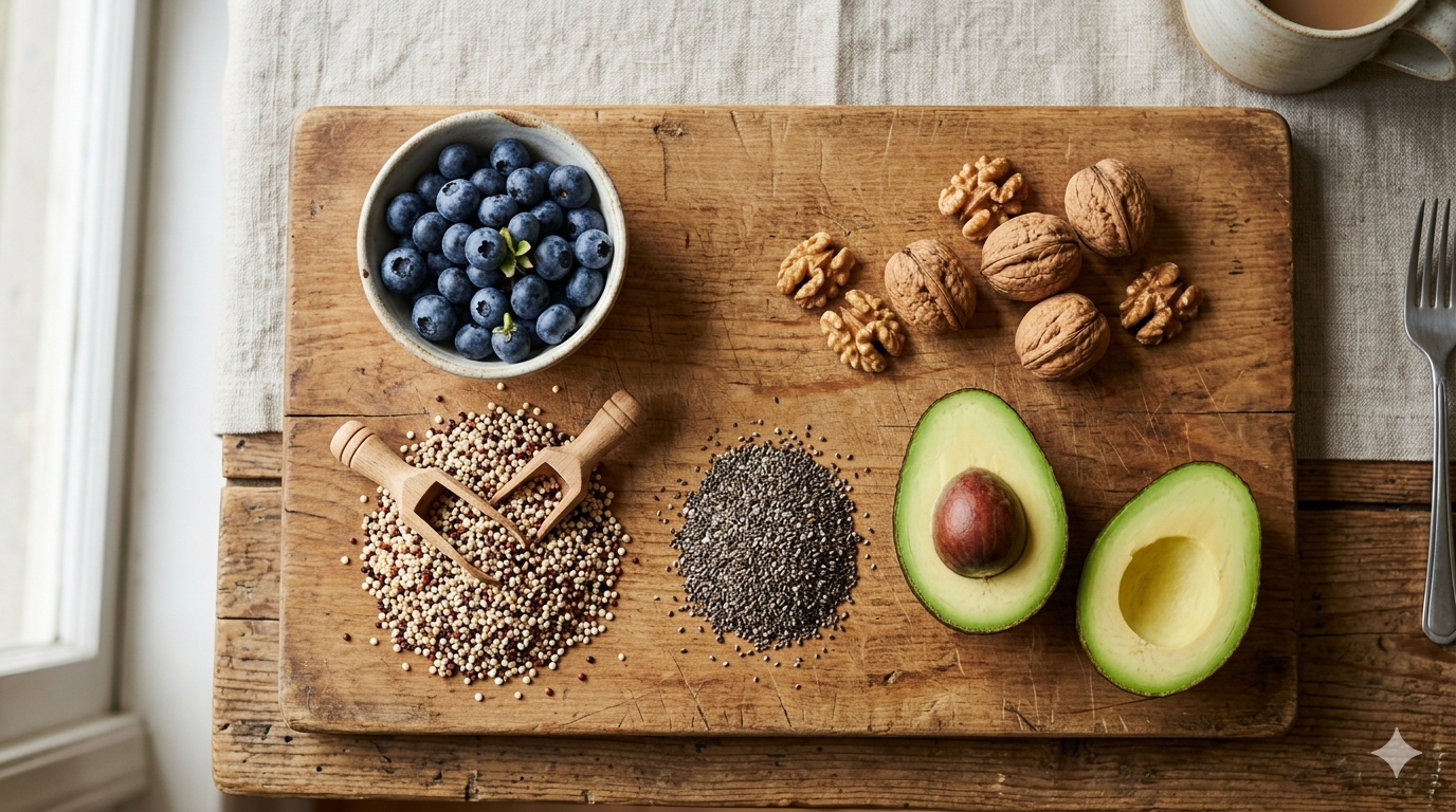 Různobarevné superfoods na dřevěném prkně — borůvky, chia semínka, quinoa a ořechy